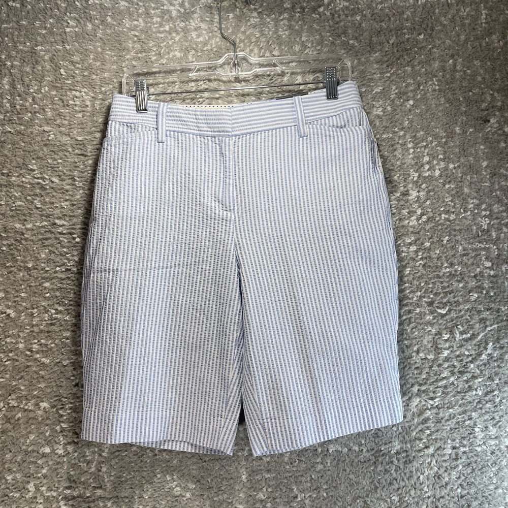 Talbots Seersucker Perfect Bermuda Shorts 10.5" Sz 2 Blue White Vacation NWT